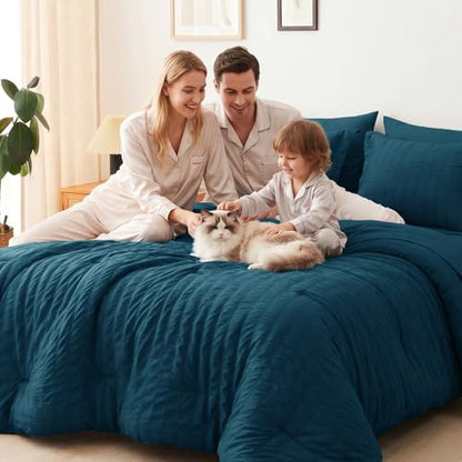 Full Size Comforter Set 7 Pieces Lyons Blue Seersucker Bed in a Bag