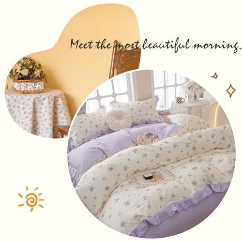 Ruffle Comforter Set Queen Vintage Purple Floral Bedding Comforter 3 Pieces Coquette Bedding Flowers Cottagecore Comforter Set with 2 Pillowcases Fluffy Soft Aesthetic Flower Bedding Set with Lace