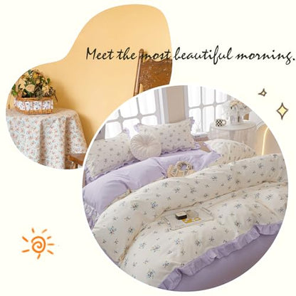 Ruffle Comforter Set Queen Vintage Purple Floral Bedding Comforter 3 Pieces Coquette Bedding Flowers Cottagecore Comforter Set with 2 Pillowcases Fluffy Soft Aesthetic Flower Bedding Set with Lace