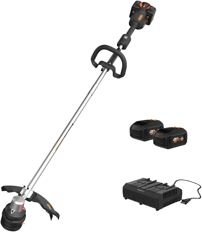 Worx Nitro 40V 15" Cordless String Trimmer with Brushless Motor, Powerful Grass Trimmer with Dual-Exit Bump-Feed Head, Lightweight Weed Trimmer Easy-Load Spool Head – Batteries & Charger Included