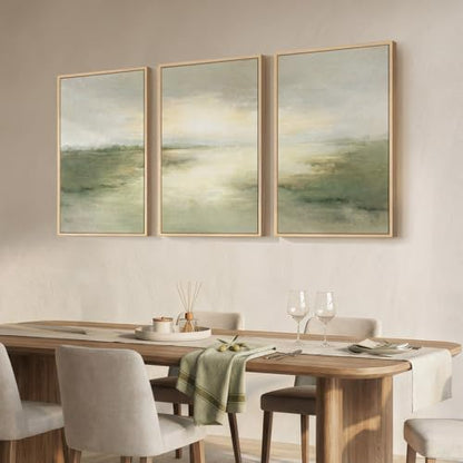 Large Framed Sage Green Abstract Landscape Wall Art for Living Room (3 Count)