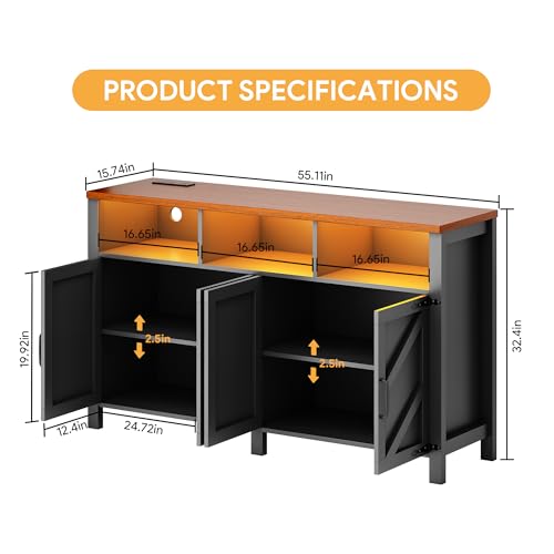 Buffet Sideboard with Storage with Power Outlets & LED Light