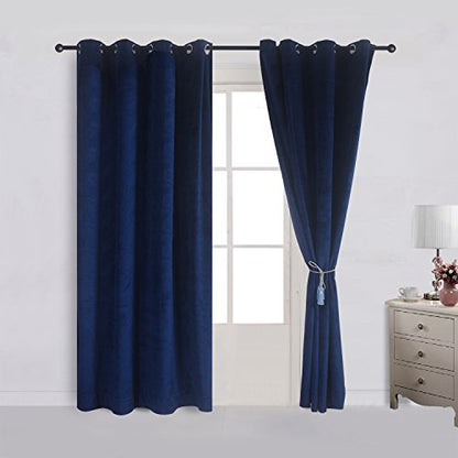 Set of 2 Velvet Flannel Blackout Curtains Panel Drapes Grommet Draperies Eyelet 52Wx84L inch Navy Royal Blue