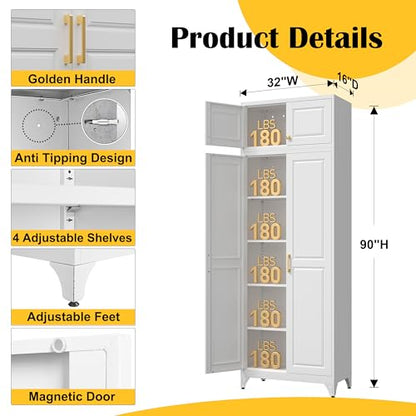 90”Metal Pantry Storage Cabinet with Doors & 4 Adjustable Shelves