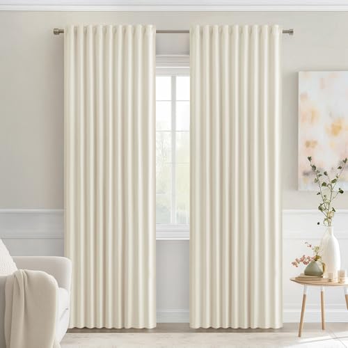 Beige White Back Tab Blackout Curtains 52x72 Inches Long 2 Panel Set
