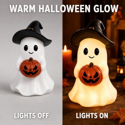 Halloween Ghost Figurine Cute Cartoon Ghost Holding Two Bats Spooky Tabletop Decoration White Desk Display Ornament for Home Office Mantel Shelf Party Fall Holiday Decor Supplies