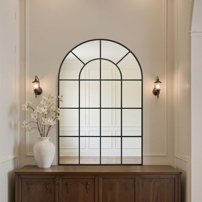Arched Windowpane Wall Mirror 24"x36" Black Wall Mounted Art Pane Mirror Farmhouse Decorative Mirror Leaning Hanging Wall Mirror for Bedroom Living Room Entrance Hallway Wall Decor