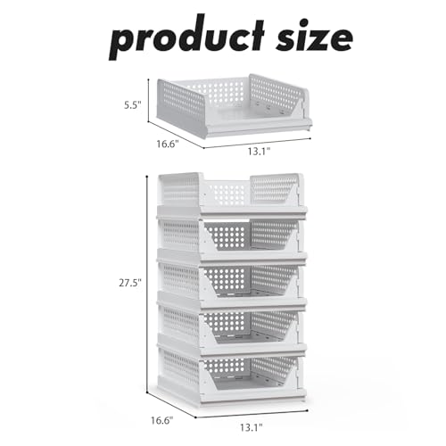 5 Pack Closet Storage Bins Stackable Organizer Drawer Shelf (5 Count)
