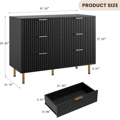 47.2" Fluted Black 6 Drawer Dresser for Bedroom with Deep Drawer