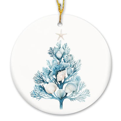 Blue Coastal Coral Shell Tree Christmas Ceramic Ornament Gifts