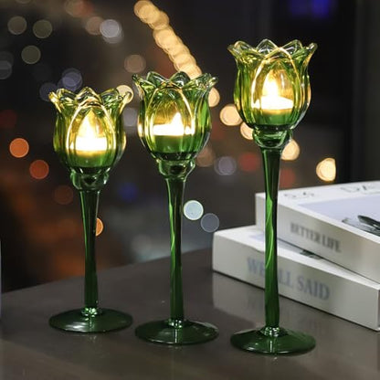 Green Glass Tulips Candle Holders Set of 3 (3 Count)