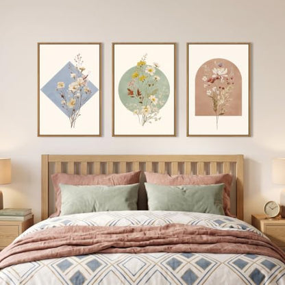 Boho Neutral Wildflower Framed Canvas Wall Art Set