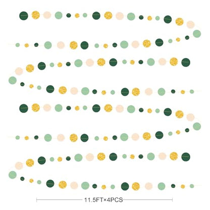 Sage Green Gold Beige Party Polka Dot Garlands Oilve Green Glitter Gold Hanging Paper Circle Dots Streamer for Birthday Wedding Shower Engagement Retirement Boho Safari Party Decorations Supplies