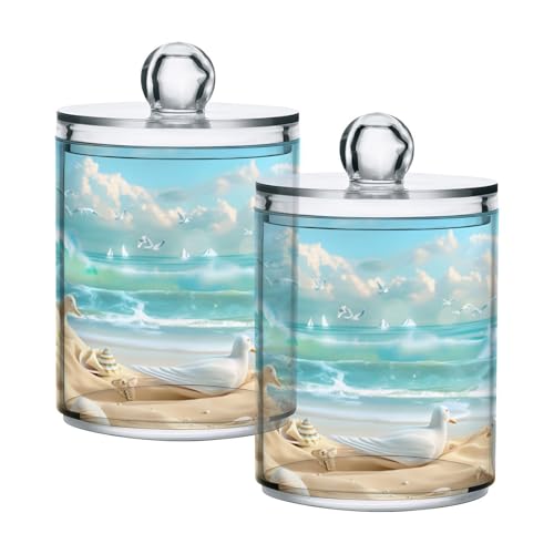 2 Pack Qtip Holder Organizer Dispenser Beach Sandcastles Seagulls Shells Bathroom Storage Canister Cotton Ball Holder Container for Cotton Pads (2 Count)