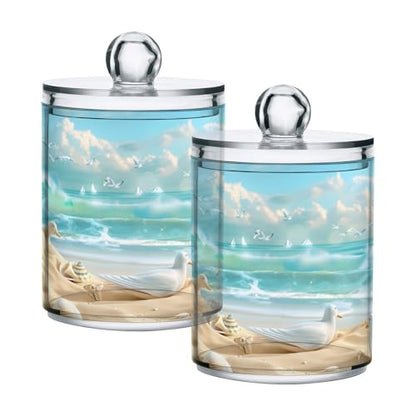 2 Pack Qtip Holder Organizer Dispenser Beach Sandcastles Seagulls Shells Bathroom Storage Canister Cotton Ball Holder Container for Cotton Pads (2 Count)