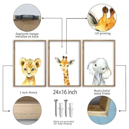 Baby Safari Nursery Wall Art Decor 24x16 Inch Set of 3 Wood Framed