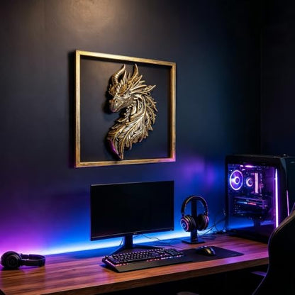 Gold Dragon Head Wall Decor with Metal Frame