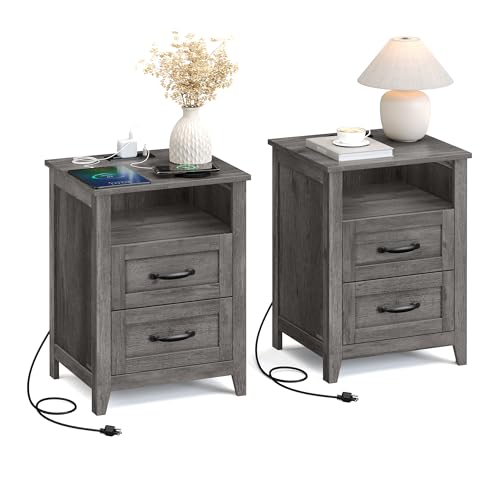 Set of 2 Nightstands with 2 Drawers and Charging Station (2 Count)