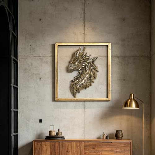 Gold Dragon Head Wall Decor with Metal Frame