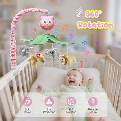 Baby Crib Mobile with Music Lights Projector and Remote Control Pink