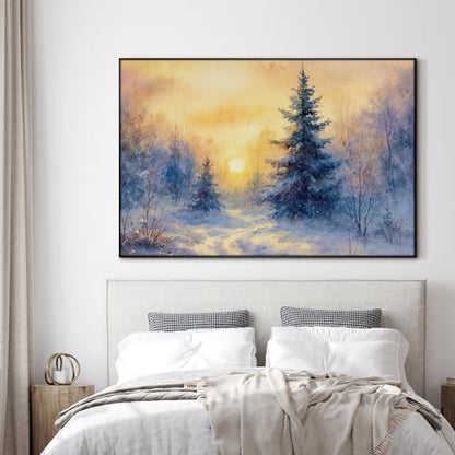 46"x72" Extra Large Framed Wall Art Winter Sunrise in Snowy Pine Forest Watercolor Style for Home Living Room Bedroom Decor