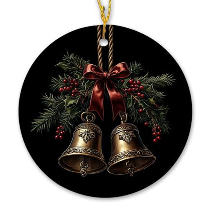 Vintage Holly Berry Gold Bell Christmas Ceramic Ornament Gifts