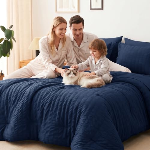 Full Size Comforter Sets 7 Pieces Navy Blue Seersucker Bed in a Bag