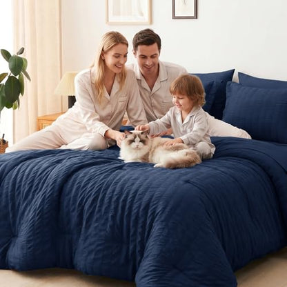 Full Size Comforter Sets 7 Pieces Navy Blue Seersucker Bed in a Bag