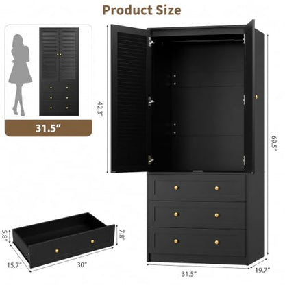 70" Wardrobe Armoire Wooden Closet with 3 Drawers
