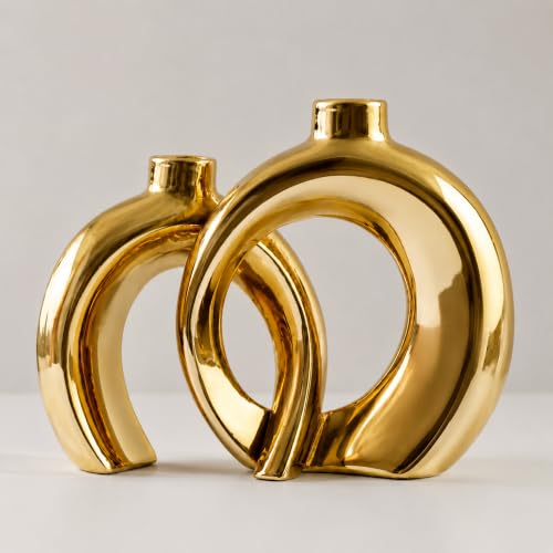 Set of 2 Gold Ceramic Vases for Home Decor Accents