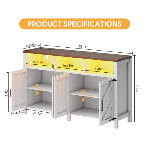 Buffet Sideboard with Storage with Power Outlets & LED Light