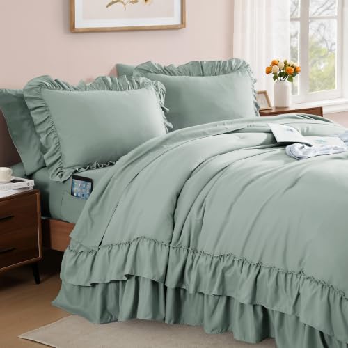California King Comforter Set Sage Green Ruffle 7 Pieces Bed in a Bag