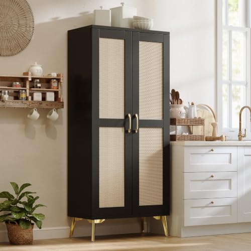 Tall Bathroom Storage Cabinet 57" Rattan Pantry Cabinet