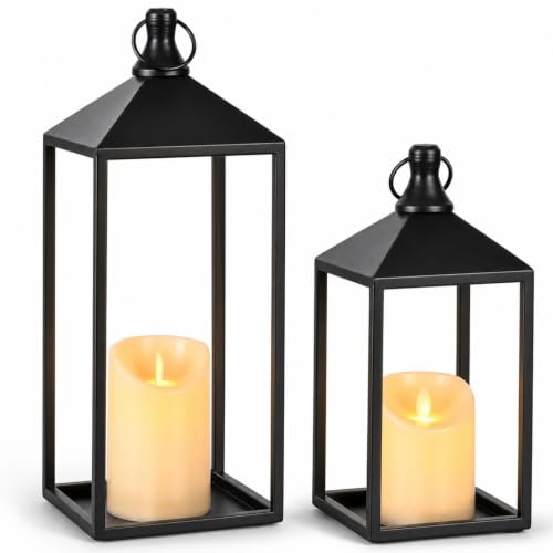2 Pcs Black Decorative Metal Lanterns Farmhouse Lantern Decor with Candles (70 Count)
