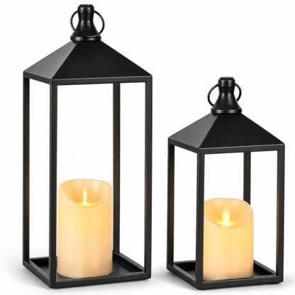 2 Pcs Black Decorative Metal Lanterns Farmhouse Lantern Decor with Candles (70 Count)