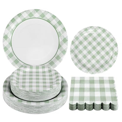 150Pcs Sage Green Gingham Party Supplies Green Gingham Paper Plates and Napkins Green Plaid Plates Disposable Greeny and White Plaid Party Decor for Birthday Family Picnic BBQ Party (150 Count)
