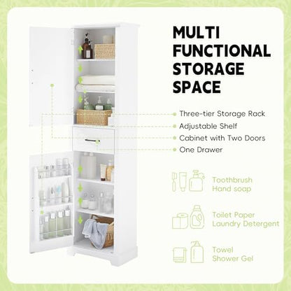 72" Tall Narrow Bathroom Storage Cabinet with 2 Doors & Drawer