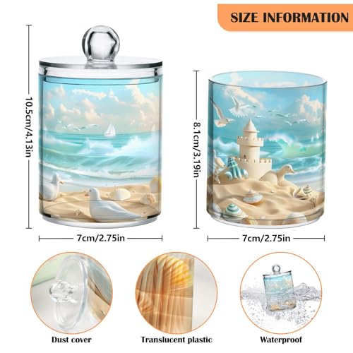 2 Pack Qtip Holder Organizer Dispenser Beach Sandcastles Seagulls Shells Bathroom Storage Canister Cotton Ball Holder Container for Cotton Pads (2 Count)
