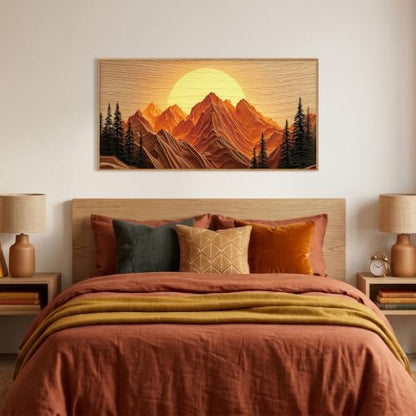 Large Boho Golden Mountain Framed Canvas Wall Art Set