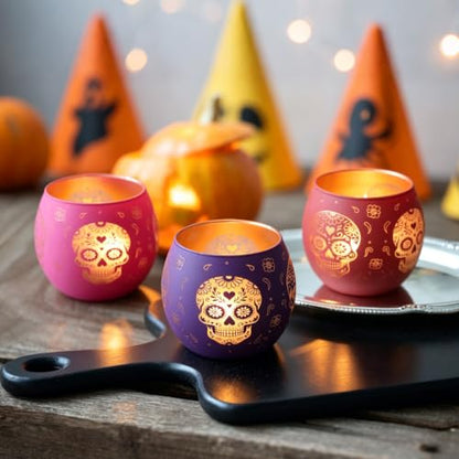 Day of Dead Skull Glass Votive Candle Holders for Indoor Halloween Decor (4 Count)