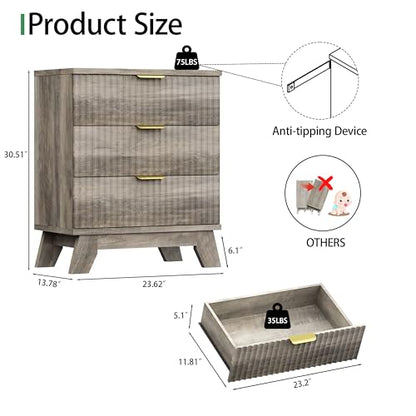 Fluted Dresser for Bedroom with 3 Drawers