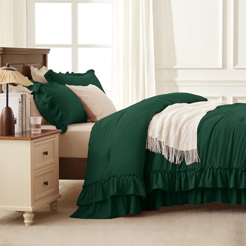 Dark Green Twin Size Ruffle Comforter Set