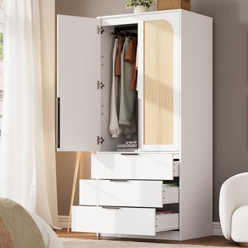 70" Wardrobe Armoire Wooden Closet with 3 Drawers