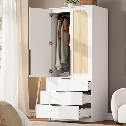 70" Wardrobe Armoire Wooden Closet with 3 Drawers