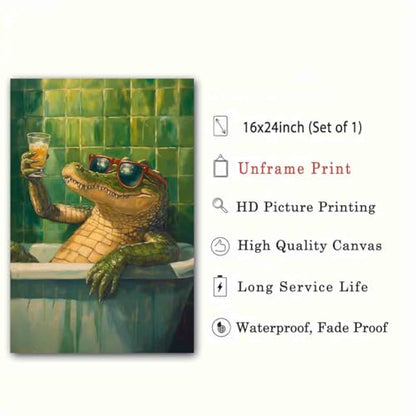 Crocodile Bathroom Canvas Funky Animal Posters Vintage Green Picture Wild Animals Painting Aesthetic Cocktail Picture Funny Bathroom Animals Prints Living Room Decor 16x24inch No Frame