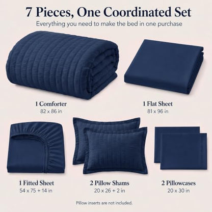 Full Size Comforter Sets 7 Pieces Navy Blue Seersucker Bed in a Bag