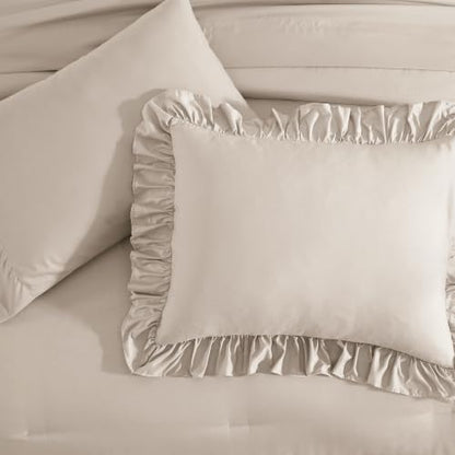 Full Size Comforter Set Beige Ruffle 7 Pieces Farmhouse Bed in a Bag