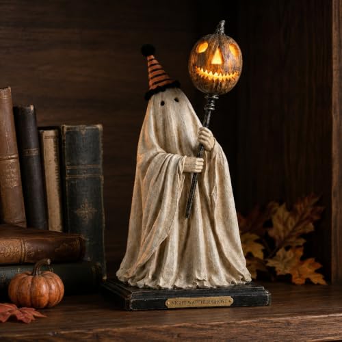 Halloween Ghost Figurine with Pumpkin Lantern Spooky Tabletop Statue Haunted House Decor for Shelf Mantel Entryway Party Desk Home Halloween Seasonal Indoor Decoration Display