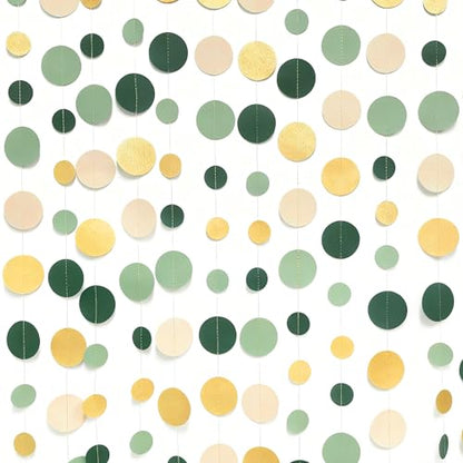 Sage Green Gold Beige Party Polka Dot Garlands Oilve Green Glitter Gold Hanging Paper Circle Dots Streamer for Birthday Wedding Shower Engagement Retirement Boho Safari Party Decorations Supplies