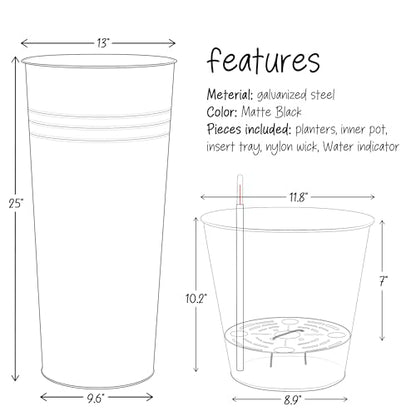 25'' Tall Galvanized Steel Planter Pot with Water Level Indicator (2 Count)